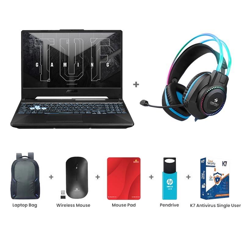 Picture of ASUS TUF Gaming A15 - AMD Ryzen 7 7435HS 15.6" (39.62 cm) FA506NFR-HN259WS Gaming Laptop (16GB/ 512GB SSD/ NVIDIA GeForce RTX 2050/ Windows 11 Home/ 1Year Warranty/ Graphite Black/ 2.30 Kg) Zebronics Zeb-Jet Premium Gaming Headphone + Laptop Bag + Wireless Mouse + Mouse Pad + Pendrive + K7 Antivirus Single User